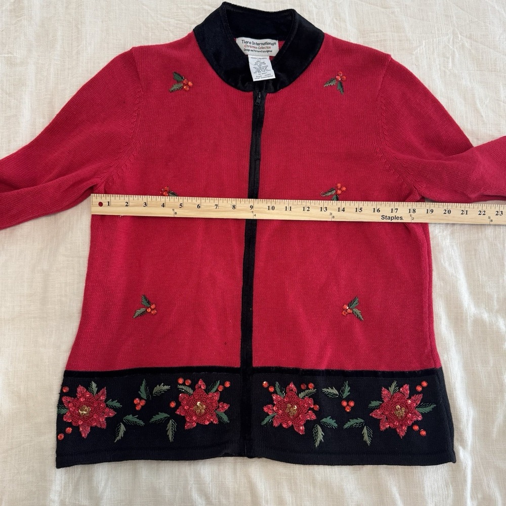 VTG Tiara International Women's Large‎ Red Christmas Sweater Holiday Poinsettia - Picture 3 of 4